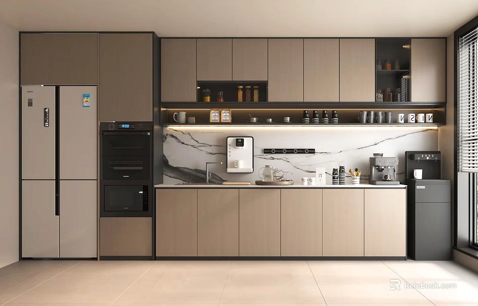Modern Pantry Interior Design With Wooden Cabinets Marble Countertop And Coffee Machine Shelves 3d model 