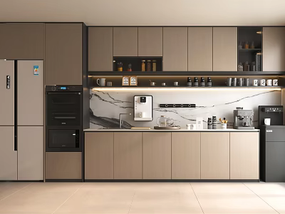 Modern Pantry Interior Design With Wooden Cabinets Marble Countertop And Coffee Machine Shelves 3d model
