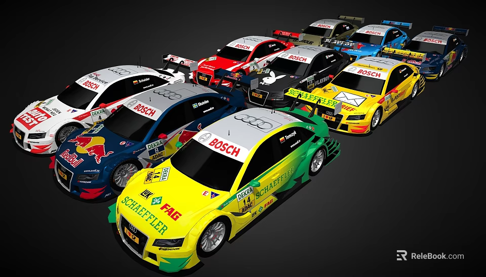 Colorful Audi Race Cars Lined Up With Sponsor Logos For Racing Event 3d model 