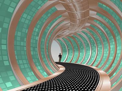 Modern Garden Landscape With Spiral Corridor Green Copper Decorations And Black White Dotted Floor 3d model