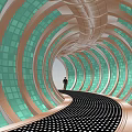 Modern Garden Landscape With Spiral Corridor Green Copper Decorations And Black White Dotted Floor