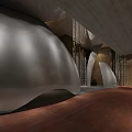 Modern Elevator Corridor With Metallic Pods Red Lighting Brick Floor And Concrete Ceiling