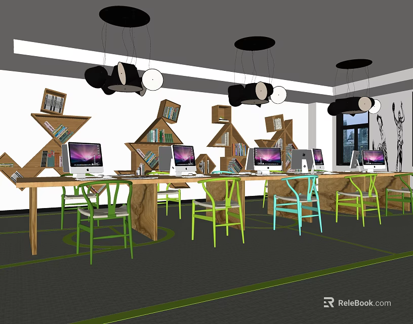 Open Public Office Area With Wooden Desks Green Blue Chairs Bookshelves And Black Pendant Lights 3d model 
