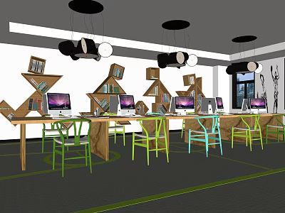 Open Public Office Area With Wooden Desks Green Blue Chairs Bookshelves And Black Pendant Lights 3d model