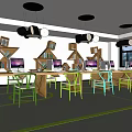 Open Public Office Area With Wooden Desks Green Blue Chairs Bookshelves And Black Pendant Lights