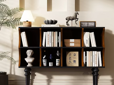 Elegant Wooden Bookcase Interior With Books Sculpture Table Lamp And Decorations 3d model