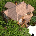 Detached Villa Exterior with Wooden Siding Brown Roof Green Plants and White Car