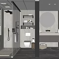 Modern Bathroom Interior Design With Shower Area Toilet Vanity And Round Mirror