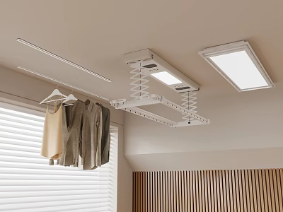 Retractable Ceiling Clothes Hanger With Light And Dark Clothes In Indoor Room With Window 3d model