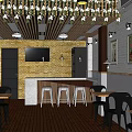 Elegant Restaurant Interior With Wooden Ceiling Hanging Floral Decorations Brick Wall And Bar Counter