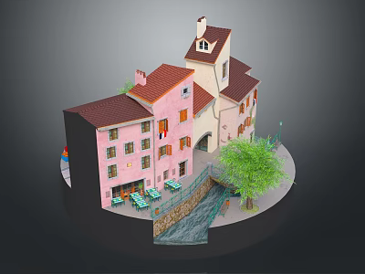 Charming Residential Buildings With Pink Walls Red Roofs Arched Doorways Small Stream And Green Tree 3d model