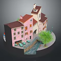 Charming Residential Buildings With Pink Walls Red Roofs Arched Doorways Small Stream And Green Tree