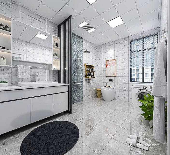 Bright Modern Spacious Bathroom With White Marble Tiles Smart Toilet Shower Area And Washing Machine 3d model 
