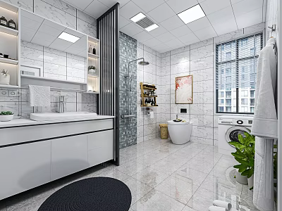 Bright Modern Spacious Bathroom With White Marble Tiles Smart Toilet Shower Area And Washing Machine 3d model