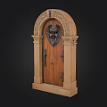 Ornate Wooden Door With Carved Mask Design And Arched Frame Details