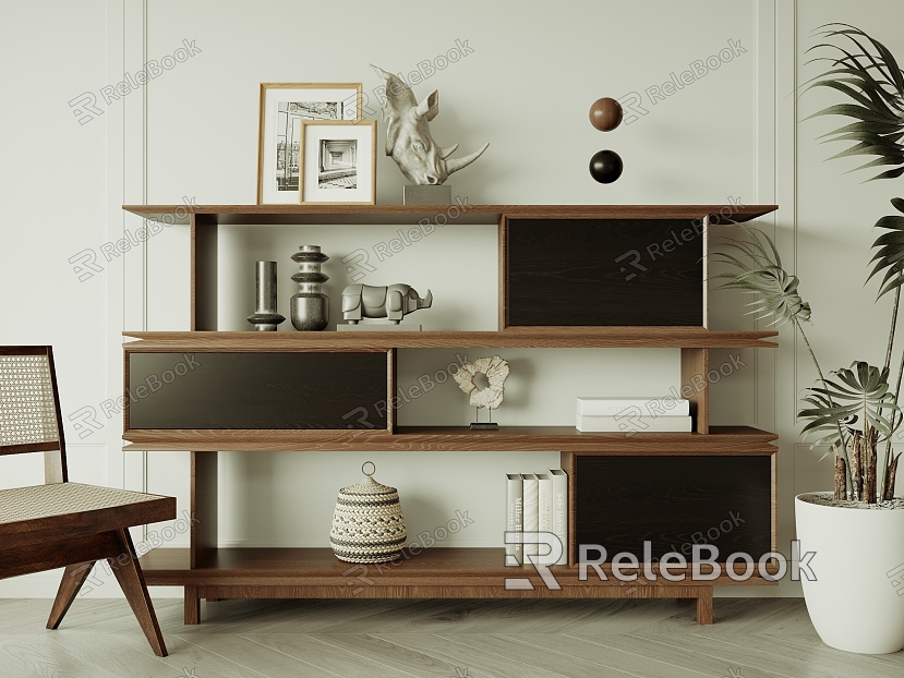 Quiet Bookshelf in Ancient Color-matching Solid Wood Bookcase model