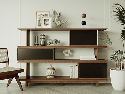 Quiet Bookshelf in Ancient Color-matching Solid Wood Bookcase model