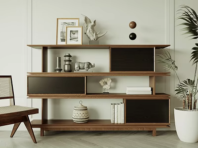 Modern Wooden Bookcase With Decorative Statue Photo Frames Books And Potted Plant By Chair 3d model