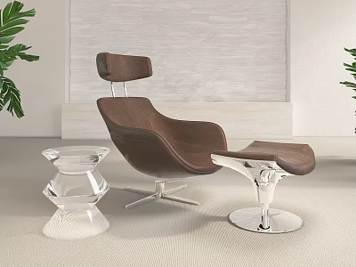 Modern Lounge Chair with Ottoman Leather Wood Frame and Crystal Side Table 3d model