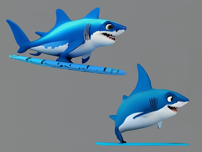 Two Playful Cute Blue Cartoon Sharks Surfing On Surfboards With Friendly Expressions 3d model