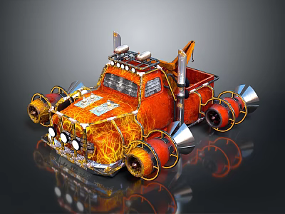 Orange Flame Decorated Truck with Large Wheels Exhaust Pipes and Unique Retro Sci Fi Design 3d model