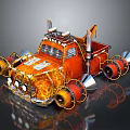 Orange Flame Decorated Truck with Large Wheels Exhaust Pipes and Unique Retro Sci Fi Design