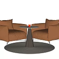 Brown Leather Armchairs With Round Table Set On Gray Circular Rug 3d model