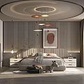 Modern Bedroom Interior With Striped Wall Pendant Lights Decorative Painting And Nightstands