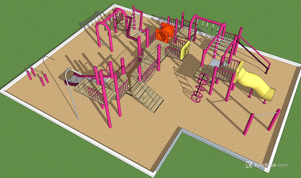 Colorful Playground Equipment with Pink Frames Yellow Slide Climbing Structures and Swings on Sand Surface 3d model 