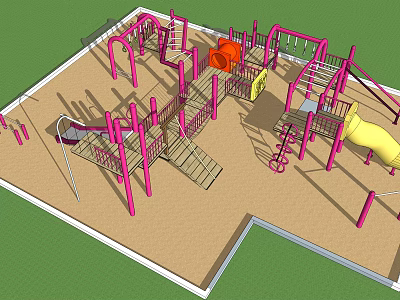 Colorful Playground Equipment with Pink Frames Yellow Slide Climbing Structures and Swings on Sand Surface 3d model