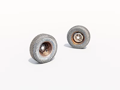 Two Old Worn Tires with Metal Rims on White Background 3d model