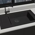 Black Double Bowl Kitchen Sink With Drainer And Faucet On White Countertop