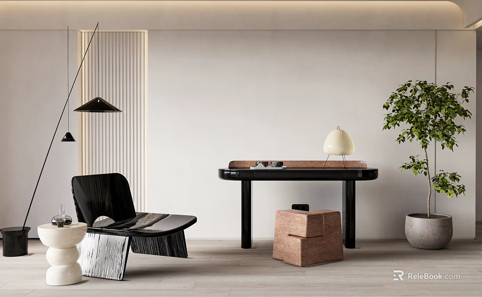 Black Modern Lounge Chair With Side Table Floor Lamp And Potted Plant In Room 3d model 