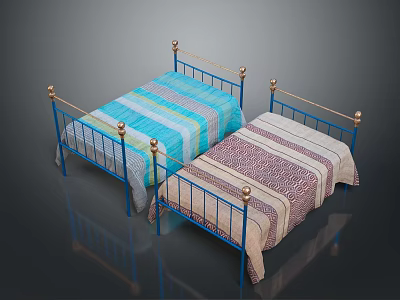 Two Beds Featuring Blue Metal Frames Golden Feet And Different Patterned Sheets 3d model