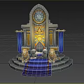 Ornate Royal Throne With Lion Statues Blue Steps Clock And Golden Banners