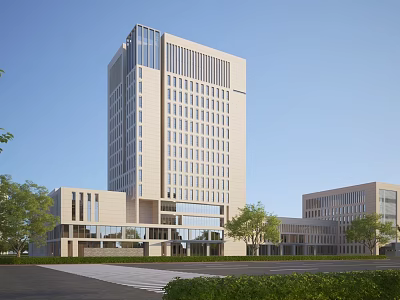 Modern High Rise Office Building Exterior With Glass Curtain Wall And Green Trees Around Plaza 3d model