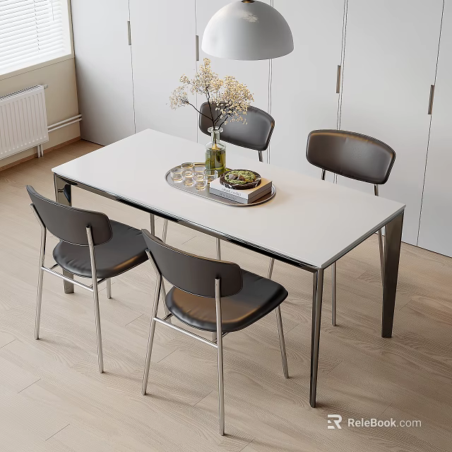 Modern Dining Table Set With White Top Gray Chairs And Decorative Vase 3d model