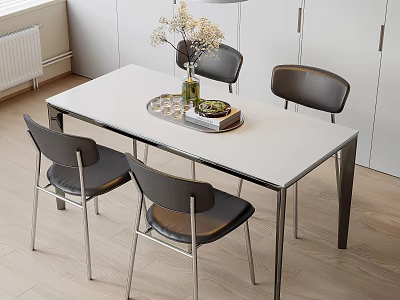 Modern Dining Table Set With White Top Gray Chairs And Decorative Vase 3d model