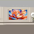 Modern TV Background Wall with Vibrant Lotus Pattern Painting Round Mirror and Green Plant
