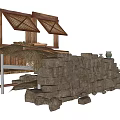 Traditional Rustic Scenic Wall With Stone Blocks Wooden Frames And Clay Pot