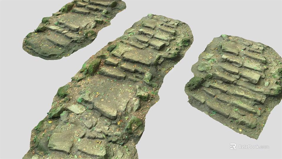 Ancient Moss Covered Stone Stairs Surrounded by Natural Stones and Earthy Terrain 3d model