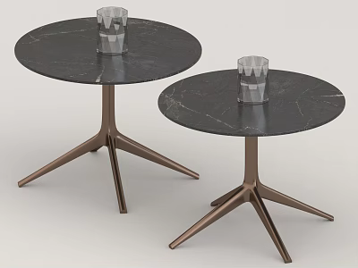 Modern Round Black Marble Side Tables with Brushed Brass Metal Legs Design 3d model