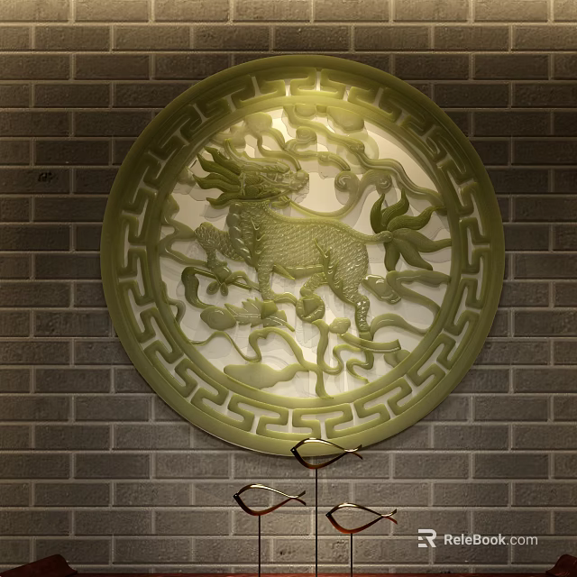 Circular Green Carved Qilin Wall Decor With Intricate Patterns On Brick Wall 3d model