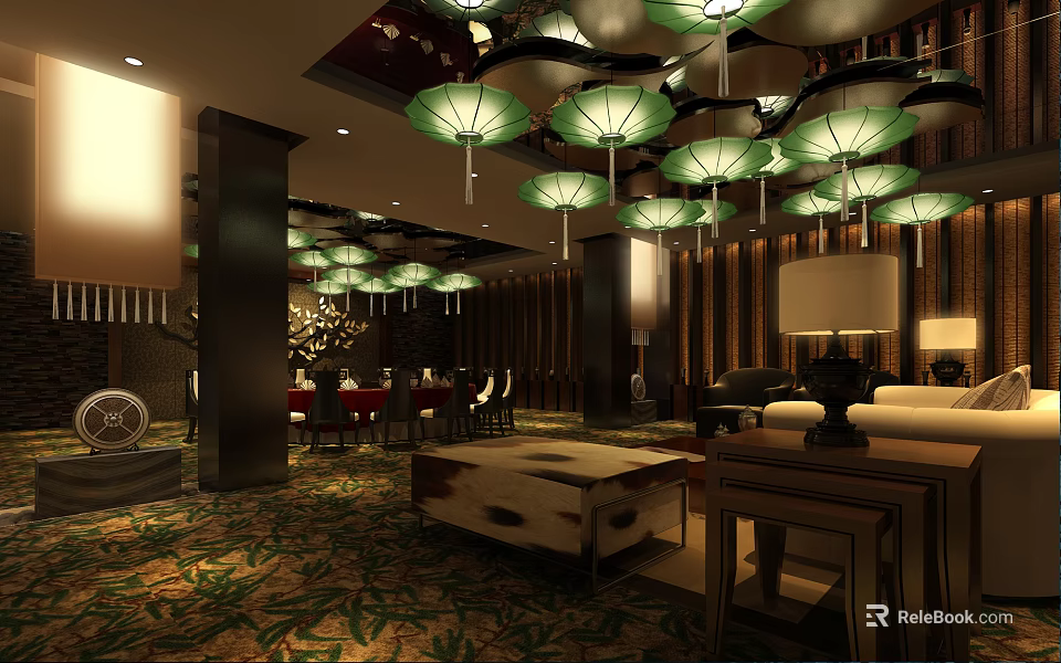 Chinese Style Private Room Interior Design With Green Pendant Lights Wooden Walls And Patterned Carpet 3d model 