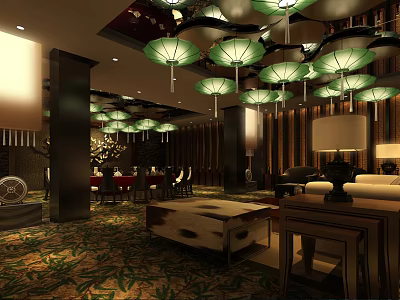 Chinese Style Private Room Interior Design With Green Pendant Lights Wooden Walls And Patterned Carpet 3d model