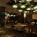 Chinese Style Private Room Interior Design With Green Pendant Lights Wooden Walls And Patterned Carpet