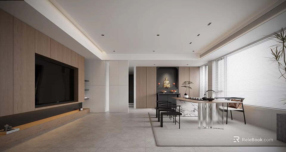 Modern Minimalist Tea Room With Transparent Table And Tea Sets 3d model