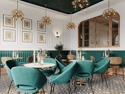 Elegant Modern Café Interior With Green Velvet Chairs Round Tables And Gold Chandeliers 3d model