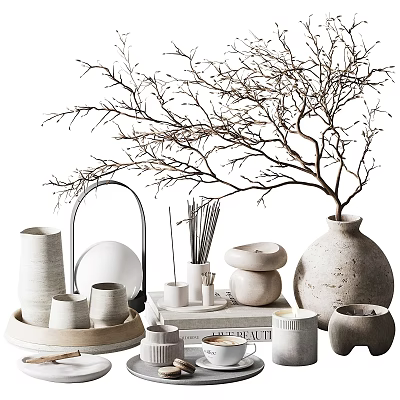 Minimalist Decorative Ornament Set With Vase Dried Branches Incense Sticks And Ceramic Cups 3d model