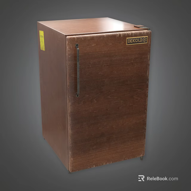 Vintage Brown Refrigerator Freezer With Wood Grain Surface Single Door And Record Label 3d model 